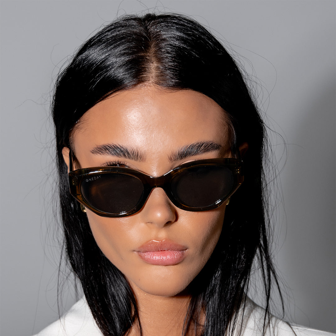 Blakey Tortoise Shell Oval Women's Sunglasses on model