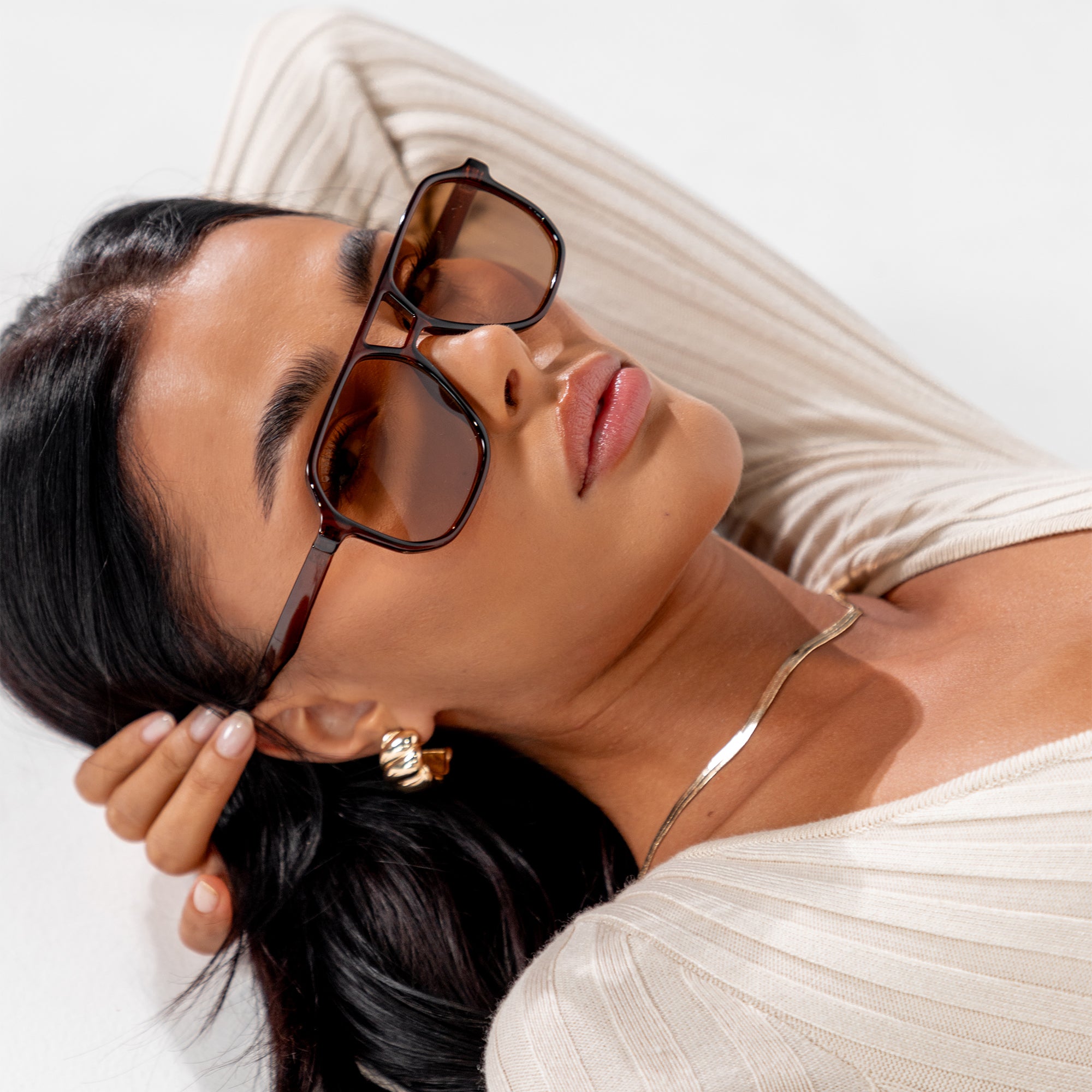 Delilah Brown Aviator Women's Sunglasses on model