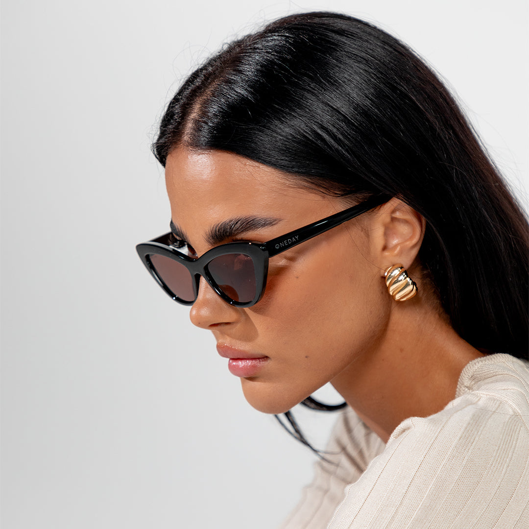 Desorbo Black Brown Cats Eye Women's Sunglasses on model