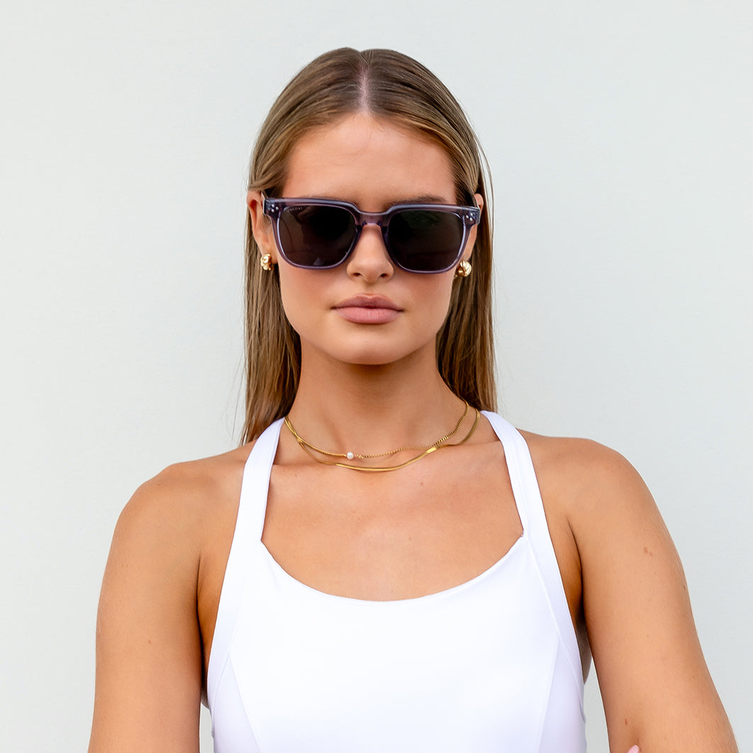 Female model wearing Parker in Blue Smoke Front View