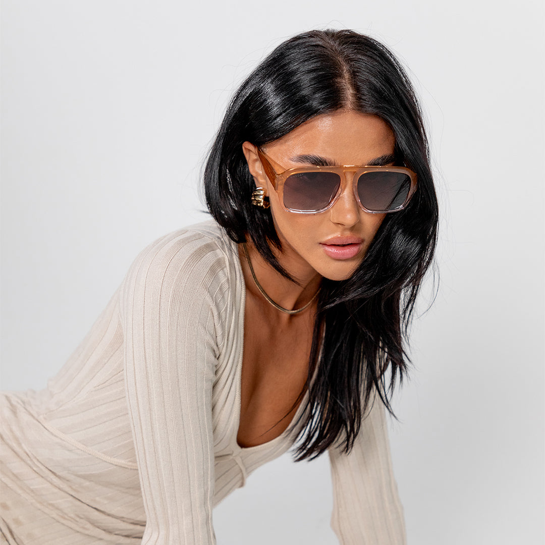 Florence Beige Brown Aviator Women's Polarised Sunglasses on model looking at camera