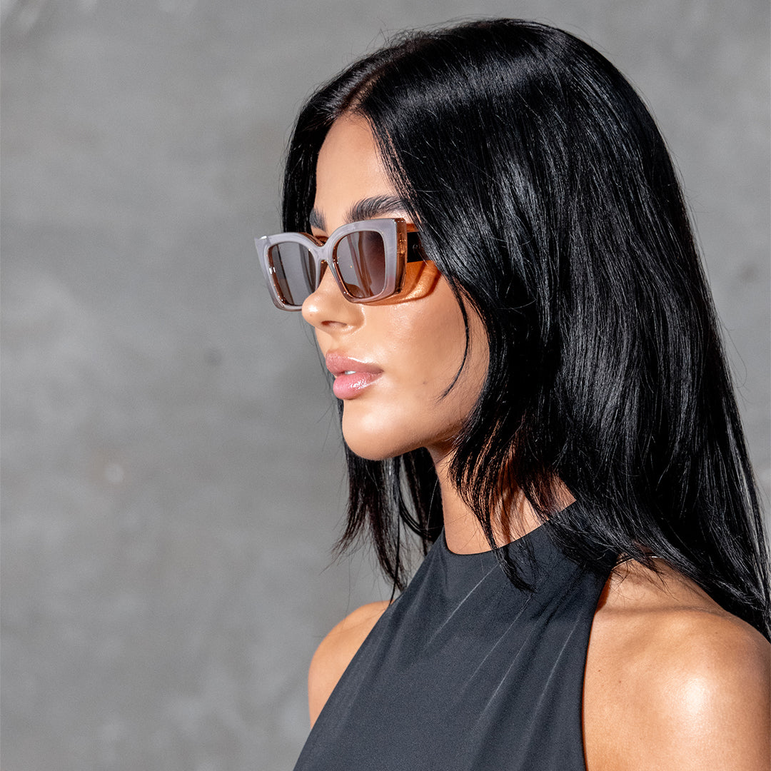 Juniper Beige Brown Rectangle Women's Sunglasses on model looking to the right side