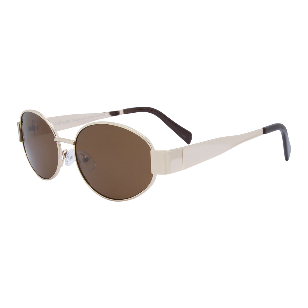 Kendall Oval Women's Sunglasses with Gold Metal Frame and Brown Lens front left view
