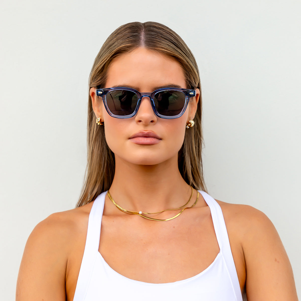 Model wearing Aspen in Blue Smoke front view