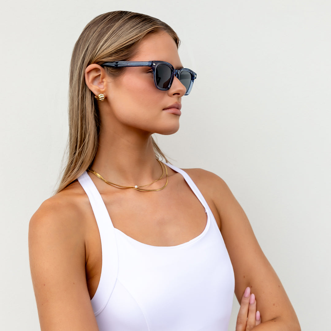 Model wearing Aspen in Blue Smoke side view