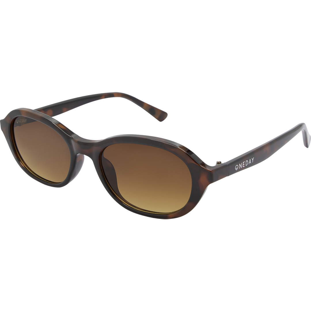 Oneday Australia's Montana sunglasses with a brown tortoiseshell frame and brown lenses, shown on a skewed angle.
