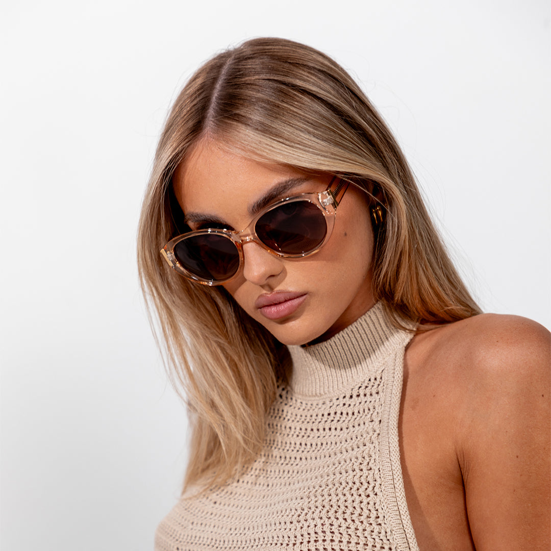Polly Pink Rose Brown Oval Women's Polarised Sunglasses on model