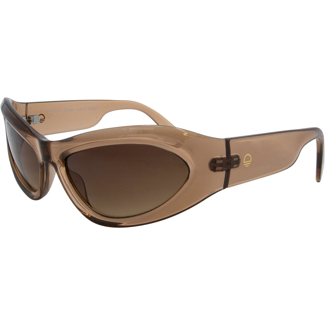Styler Wrap Around Sunglasses with Brown Frame and Brown Lens front left view
