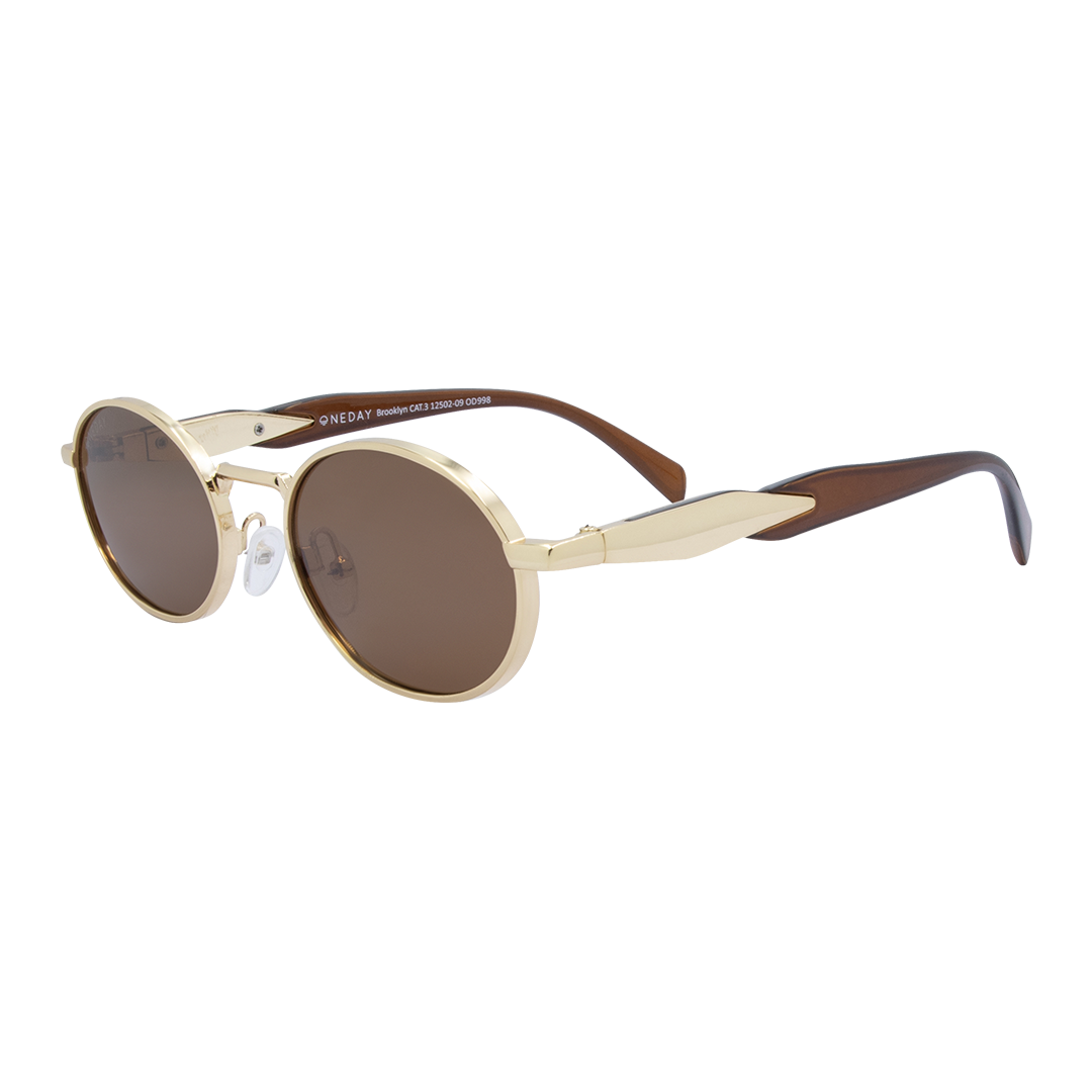 Brooklyn Oval Women's Polarised Sunglasses with Gold Metal Frame and Brown Lens front left view