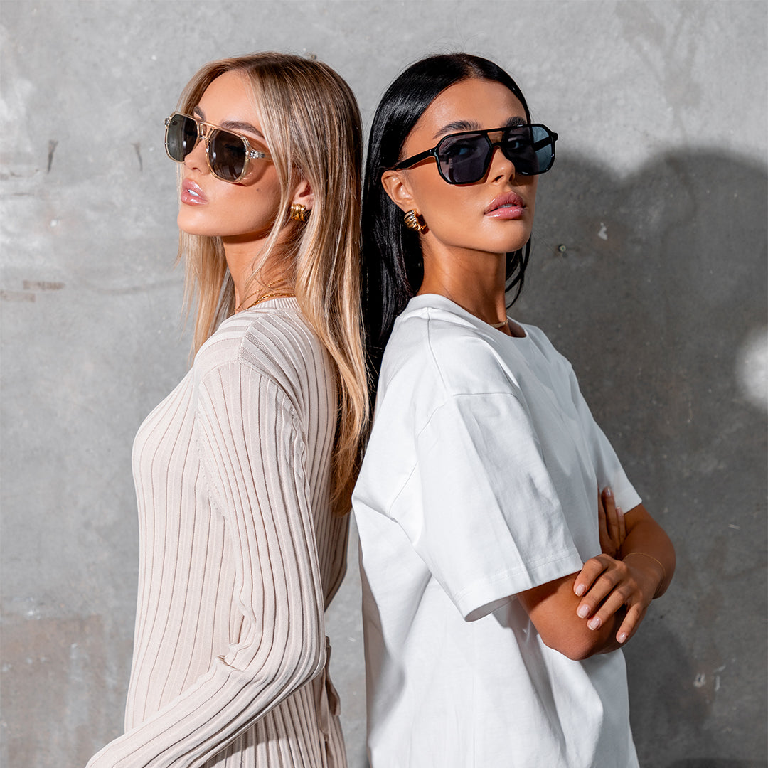 Delilah Black Blue Aviator Women's Sunglasses on model looking at camera