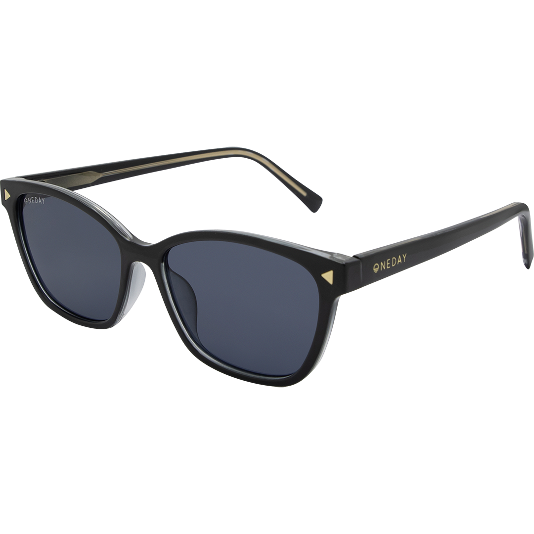 Fallon - Black cat-eye from Oneday Australia sunglasses with smoke lenses and gold brand lettering on the temples.
