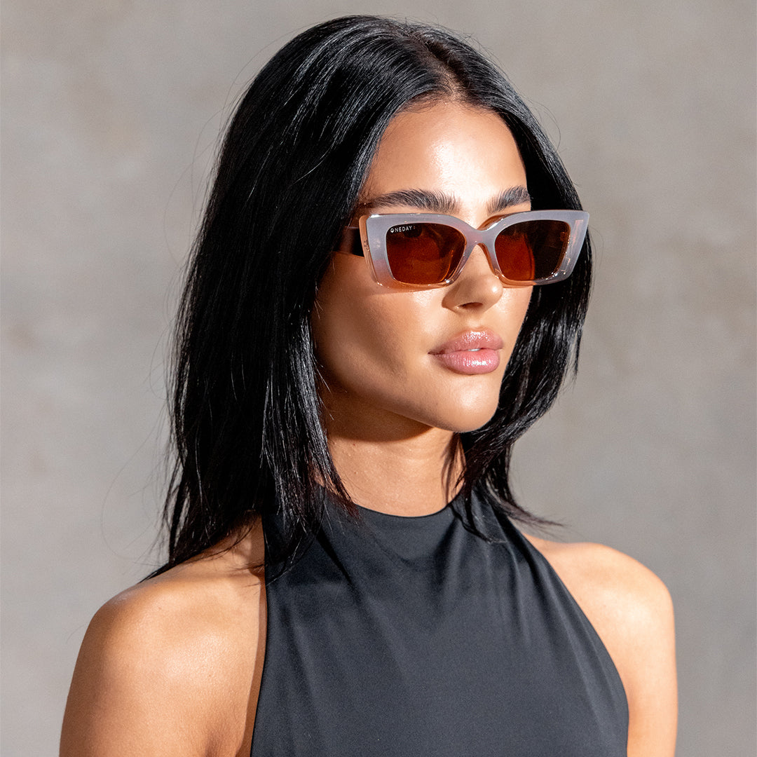 Juniper Beige Brown Rectangle Women's Sunglasses on model looking to the side