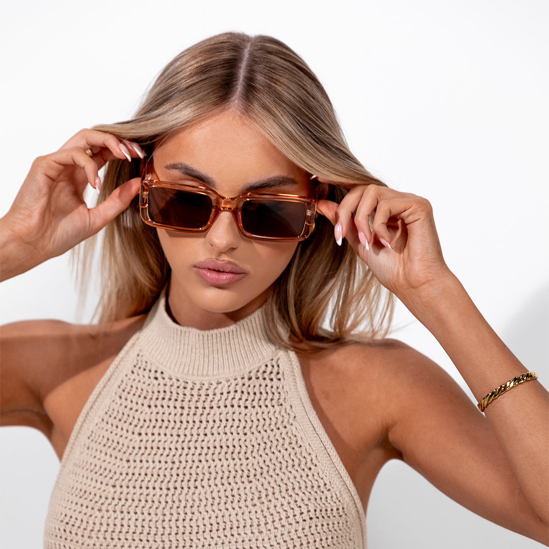 Luna Beige Brown Rectangle Women's Polarised Sunglasses on model