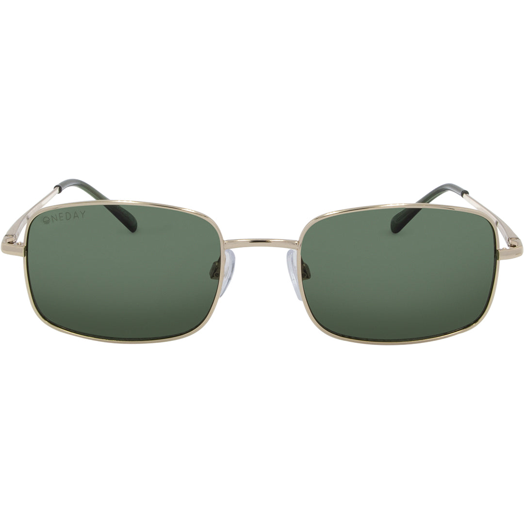 NYC Gold Rectangle Womens Sunglasses front view with green lens