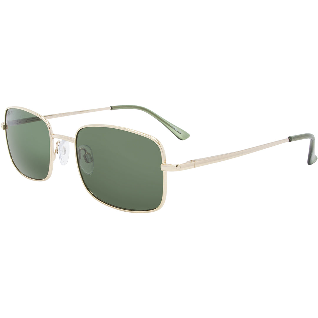 NYC Rectangle Sunglasses with Gold Metal Frame and Green Lens front left view