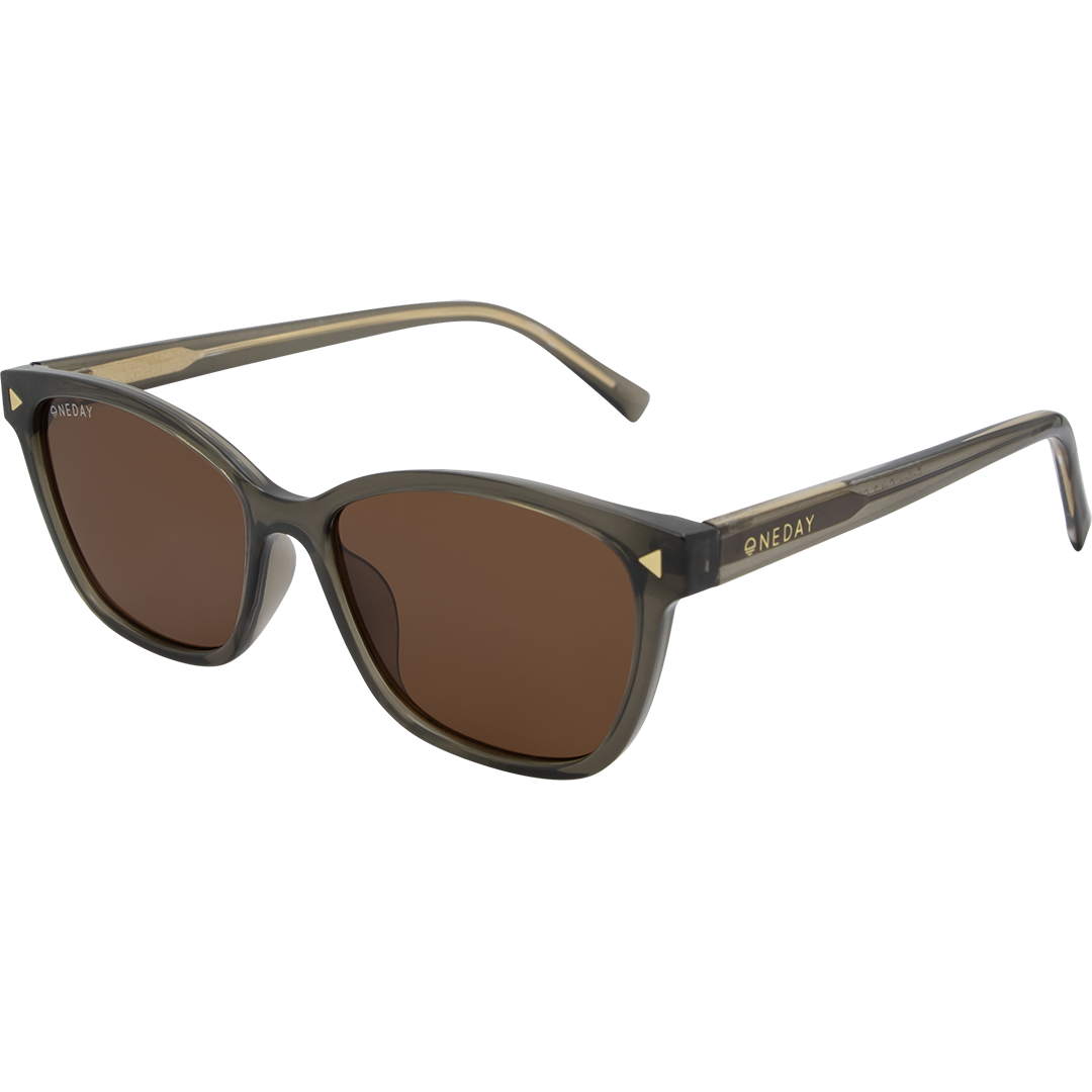 ONEDAY sunglasses with an olive green frame, brown lenses, and gold-tone triangular metal accents on the temples.