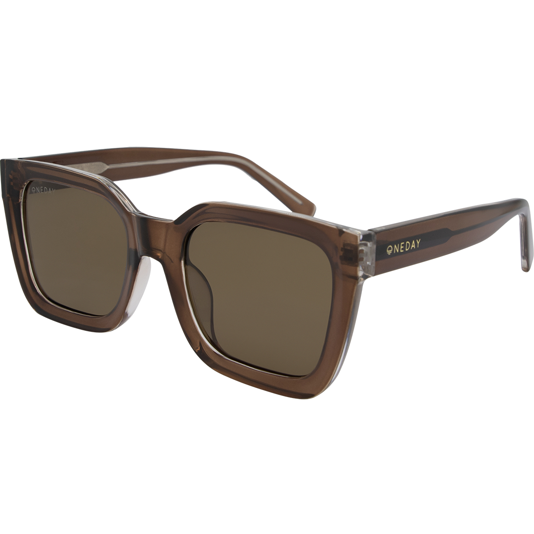 Oneway square sunglasses with a translucent brown frame and dark brown lenses, shown from a three-quarters angle on a white background