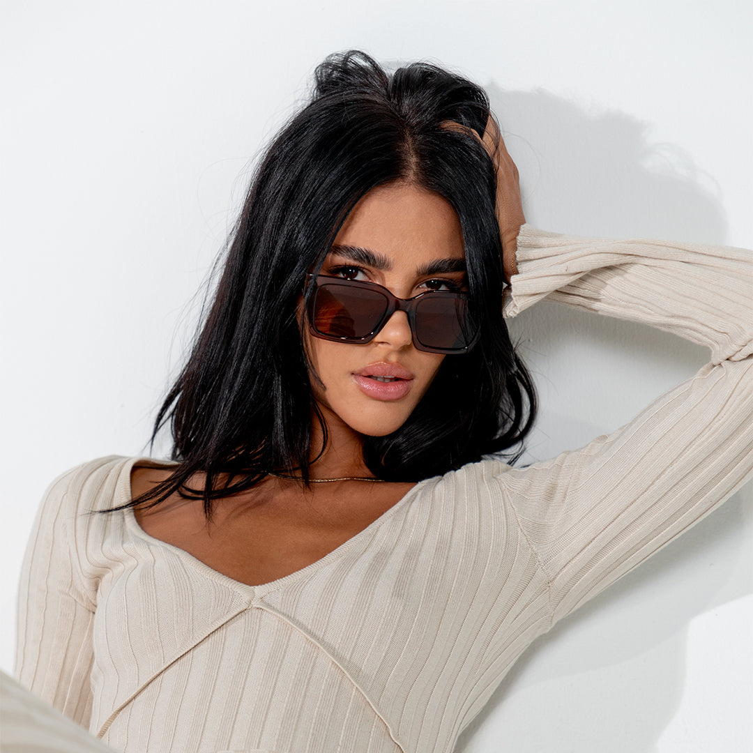 Rhodes Brown Square Women's Sunglasses on model looking at camera