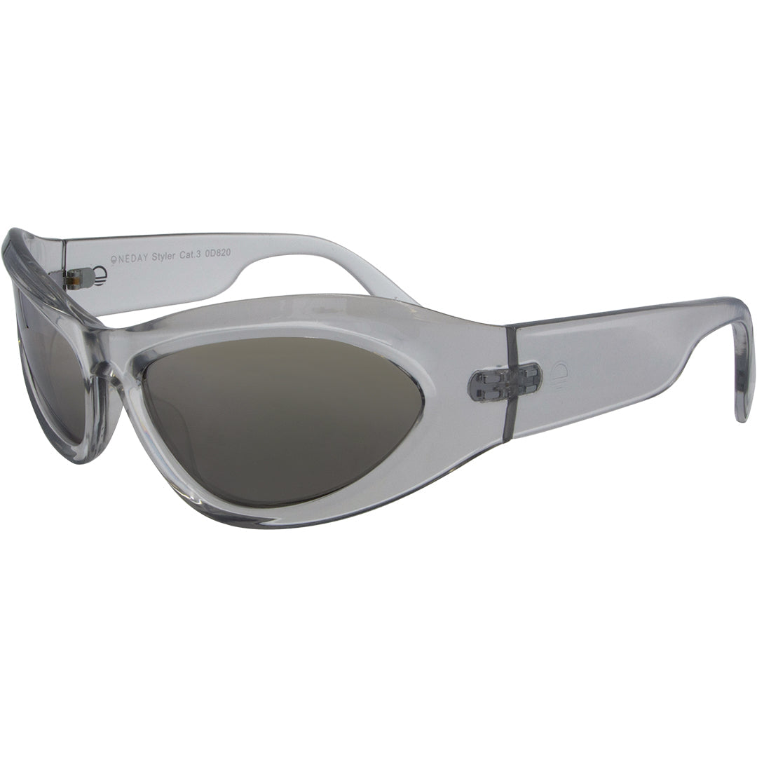 Styler Wrap Around Sunglasses with Silver Frame and Silver Lens front left view