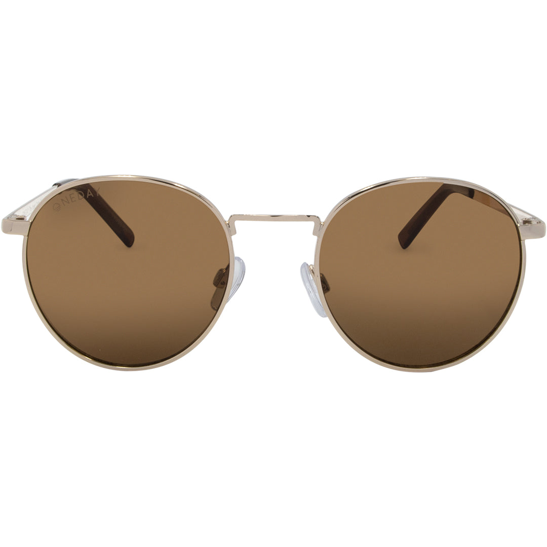 The Inner Circle Gold Round Womens Sunglasses front view with brown lens