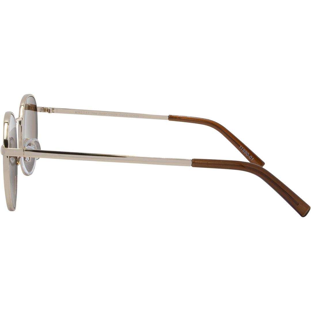 The Inner Circle Gold Round Womens Sunglasses left view with brown lens