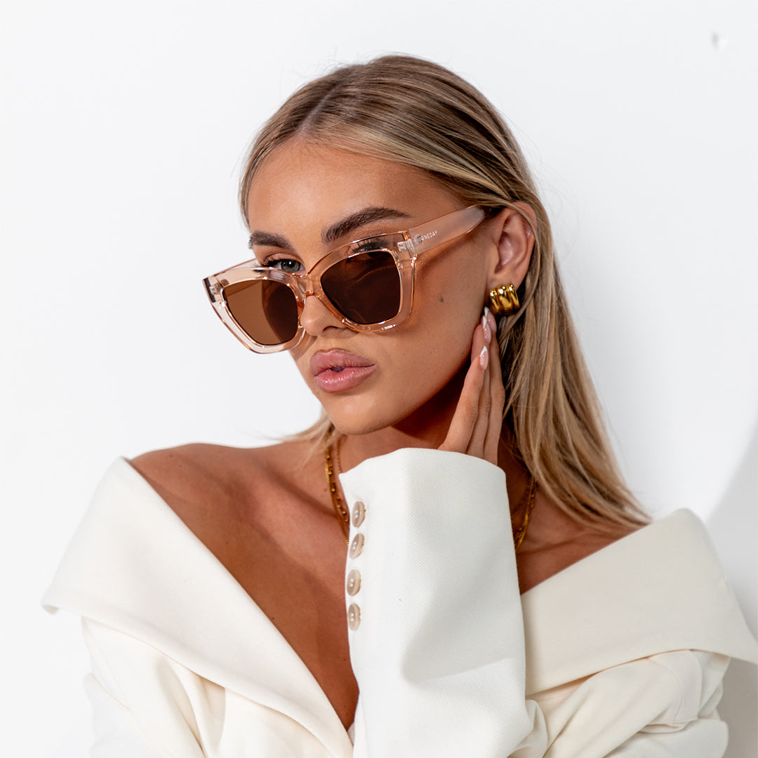 Winona Beige Brown Cats Eye Women's Sunglasses on model looking at camera